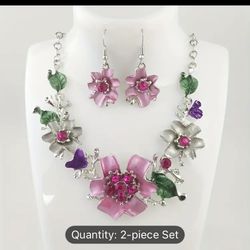 Elegant Flower Design Chunky Necklace & Drop Earrings Jewelry Set, Cute Floral Design Women's Jewelry Holiday Favors