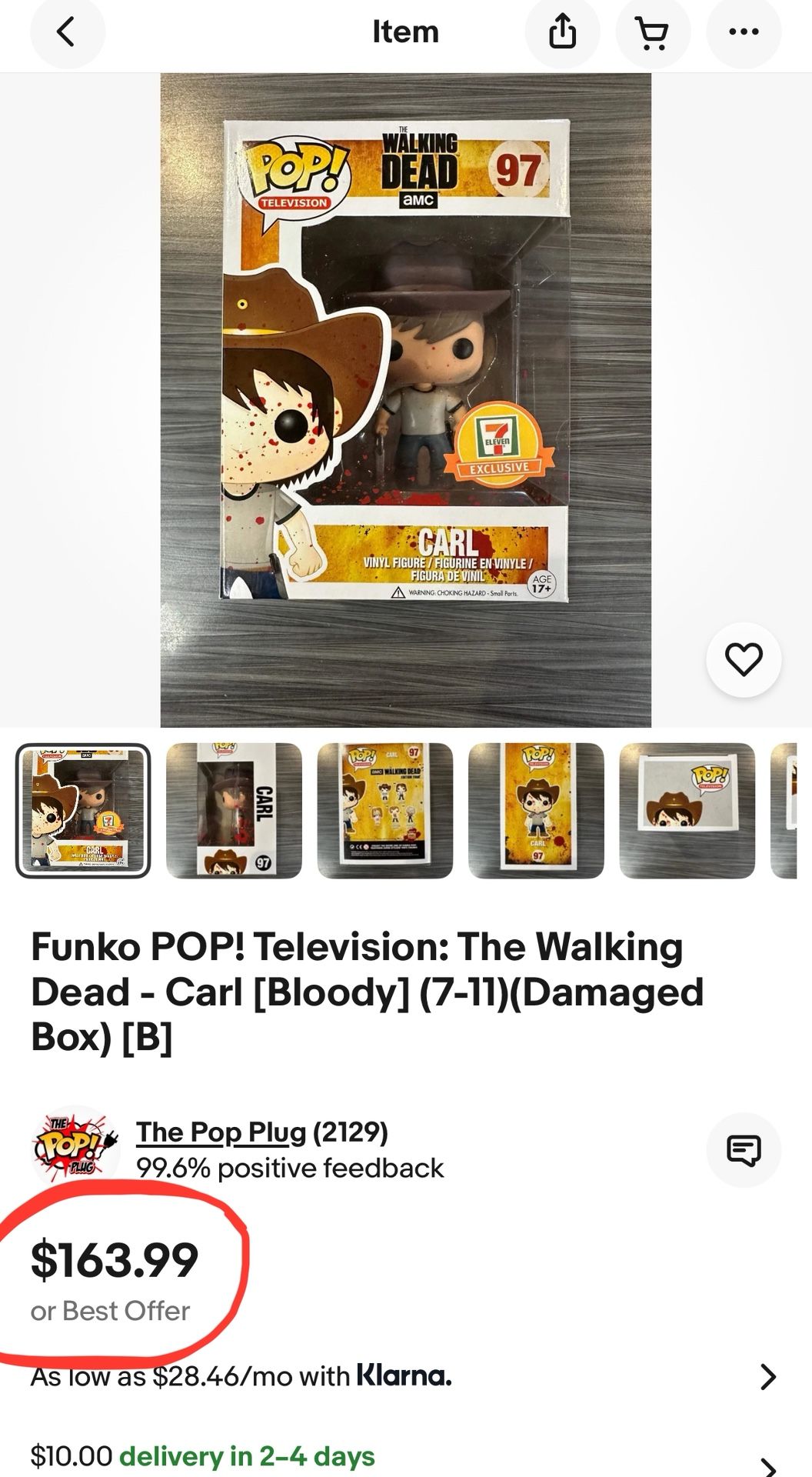 RARE Funko Pop! Television: The Walking Dead Carl Grimes #97 (7 Eleven Exclusive Bloody Variant)
