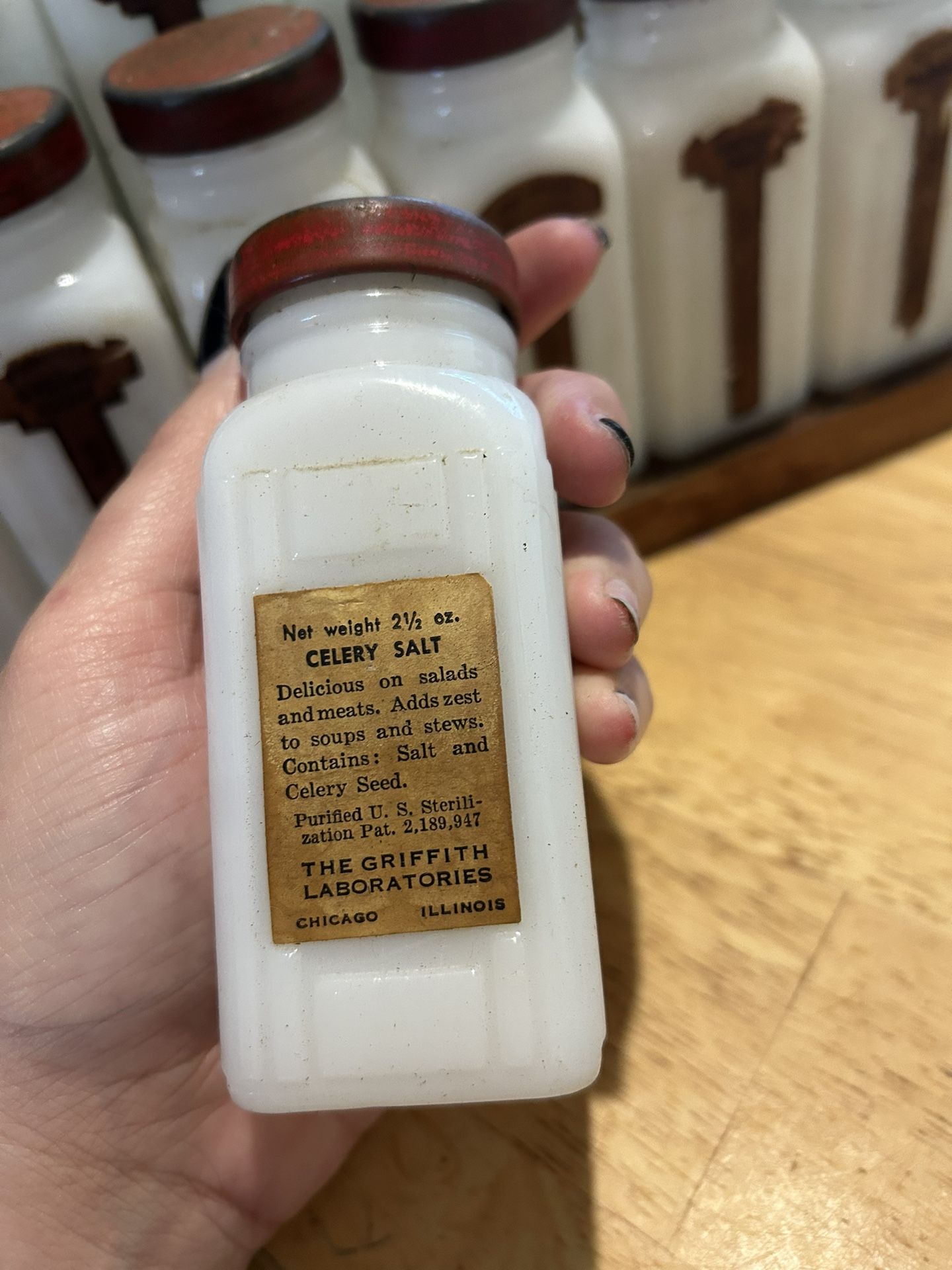 Vintage 12 Milk Glass Spice Jars W Black Lids in Wood Rack by -  Israel