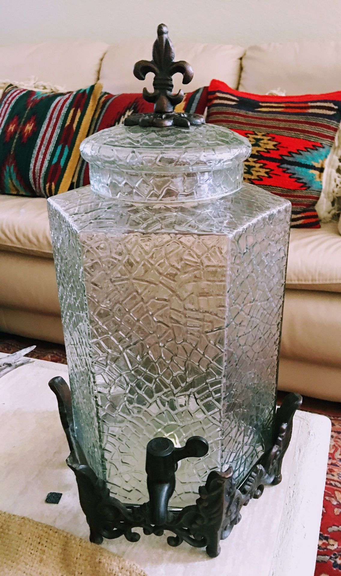 Antique Style Glass Beverage Dispenser with Metal Stand