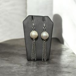 Pearl Tassel Earrings Handmade 925 silver Plated Hooks.