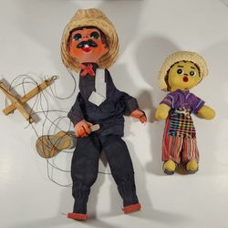 LOT OF VINTAGE 2 MEXICAN HAND MADE MARIONETTE PUPPET AND MEXICAN CLOTH DOLL