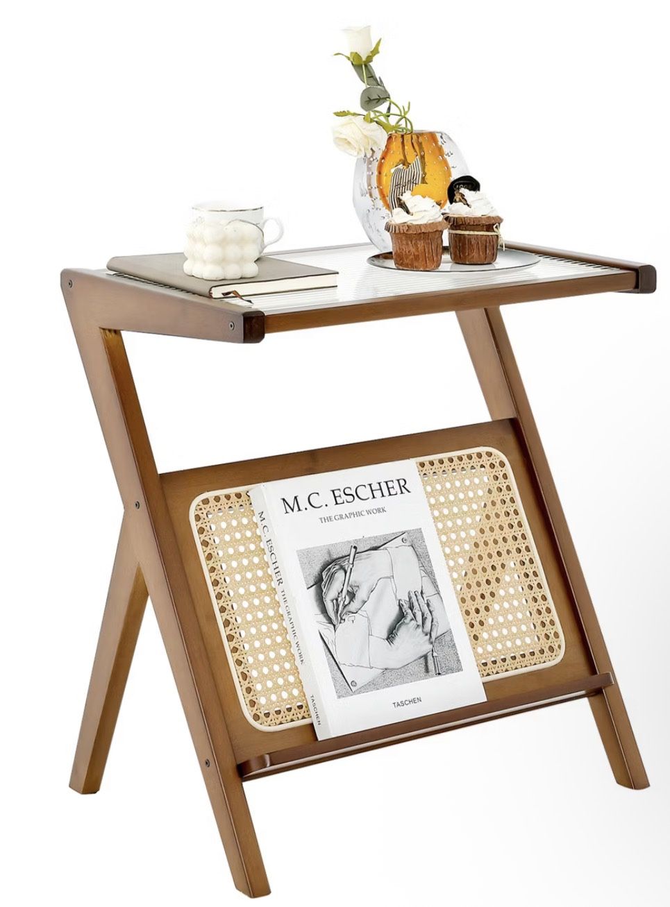 RêveLife Rattan End Table with Magazine Rack Glass-top Bamboo Sofa Side Table Accent Bedside Nightstand Boho 2 Shaped Coffee Table for Bedroom Living 