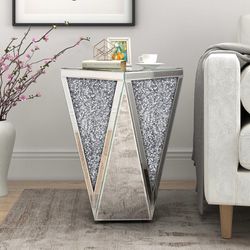 Mirrored End Table Crystal Diamond Setting Coffee Table Silver Glass Side Table Pedestal Stand for Hallway, Living Room, Corner, Bedroom, Sofa