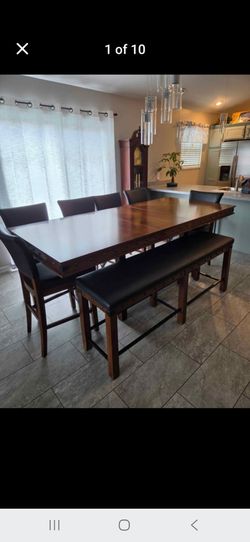 Rustic Counter Height Dining Set with Table, 6 Chairs, and Bench 90"x40" with 18" leaf