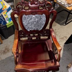 Antique Chinese Peranakan Dragons Rosewood Arm Chair With Marble Insert