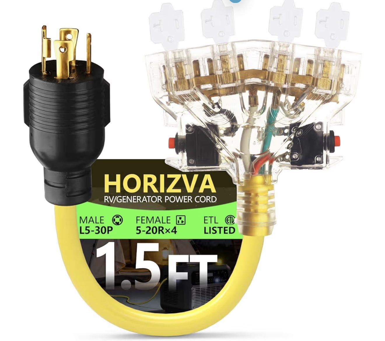 30 Amp to 20 Amp Adapter, 1.5FT Locking 4 Prong L14-30P to 3X 5-20R/5-15R Adapter with Circuit Breaker, 10/4 AWG Generator Power Cord 125/250V Max 750