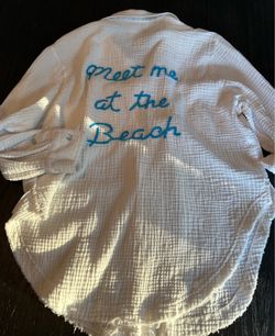 Beach white button up shirt with blue embroidery on back size small