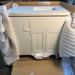 *Clearance* 36” Single Bathroom Vanity Cabinet White Speckled Quartz Countertop - Sink Offset Right