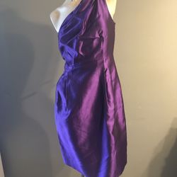 -Handmade Design Raw Silk Solid Color Purple One Sleeve Formal Dress Size 12 