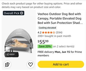 Veehoo Outdoor Dog Bed with Canopy, Portable Elevated Dog Bed with Sun Protection Shade Tent, Removable, Cooling Raised Dog Cot for Camping, Beach, 42