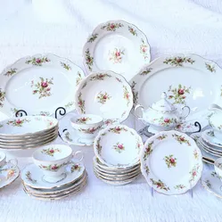 Best Offer- Johann Haviland Moss Rose is a popular vintage, glazed fine china pattern featuring pink roses, green foliage, and gold trim on a white, s