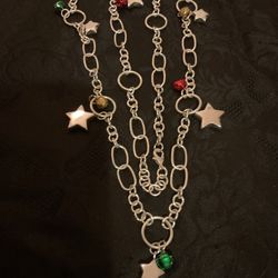 34” Silver Plated Link Christmas Necklace With Dangling Bells And Stars