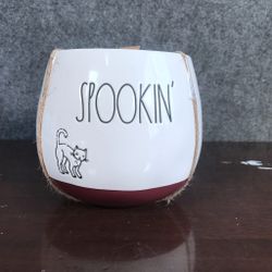 NWT Rae Dunn Spookin' Cat Halloween Planter Flower Pot Off White Maroon
