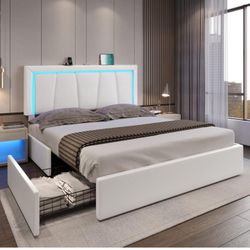 Brand New In Box Modern King Size Platform Bed With LED Lights Charger Station And Drawers!!!