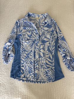 Indigo Rose Leaf Print Button-Up Shirt - Women's PL (Petite Large) - Blue