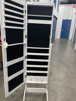 Jewelry Organizer w/Full Length Mirror Standing Jewelry Cabinet - White