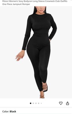 BEAGIMEG Women's Basic Long Sleeve One Piece Crew Neck Ramper Bodycon Jumpsuits Black Size Large