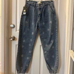 “NWT Denim Joggers Women’s L - High Waist Embroidered Monogram Pattern, Elastic Cuff”