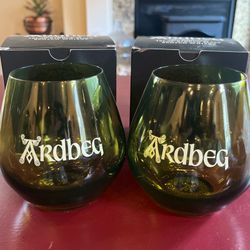 2 Green Ardbeg Islay Scotch Whisky Glasses Stemless Tumblers Single Malt Bar Set
