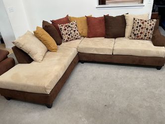 2pc Brown, Beige & Mustard Upholstered  Pillow Back Sectional Chaise Sofa
