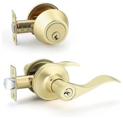 0490: New Door Handleset with Single Cylinder Deadbolt 1 Pack, Entry Lever Door Handle and Deadbolt Lock and Key Combo Pack - Wave Style Locking Lever