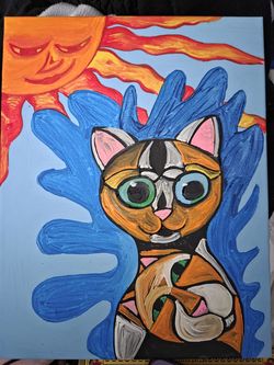 Crazy Cat Abstract Painting 11x15 On Canvas Acrylic