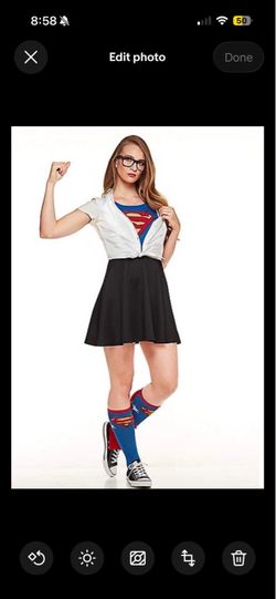 Clark Kent Dress Women’s Adult Small (4-6) Dress, Glasses, Halloween Costume, made China, brand DC, 2 piece set, dress, glasses, new seal bag. Blue/wh
