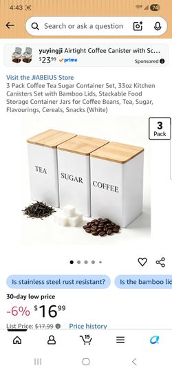 3 Pack Coffee Tea Suaar Container Set, 33oz Kitchen Canisters Set with Bamboo Lids. Stackable Food Storage Container Jars for Coffee Beans, Tea, Sugar