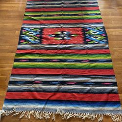 Vintage Hand Woven Mexican Folk Art Large Blanket Throw Textile 82.5” X 49”