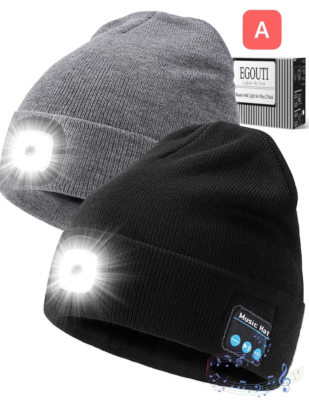 Pls choose A or B:A is Bluetooth Beanie Hat with Light for Men 2 Pack, Rechargeable LED Beanie with Light, Headlamp Cap Wireless Headphones Built-in S