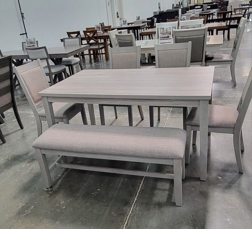 ✅️✅️ 6 pc light finish wood dining table set padded seat chairs and bench ✅️