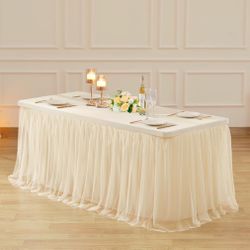 6ft Champagne Tulle Tablecloths For Rectangle Tables Stretch Rectangular Table Cloths Wrinkle Free 6 Foot Spandex Table Cover With Tutu Skirt For Wedd