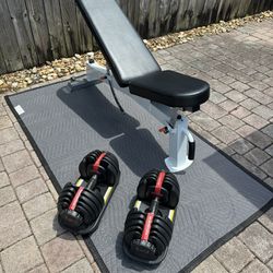 Complete Workout Set with one Fitness Gear Pro bench and a Set of Bowflex adjustable 5 lbs to 52 1/2 lbs dumbbells. Everything in pics is included. 