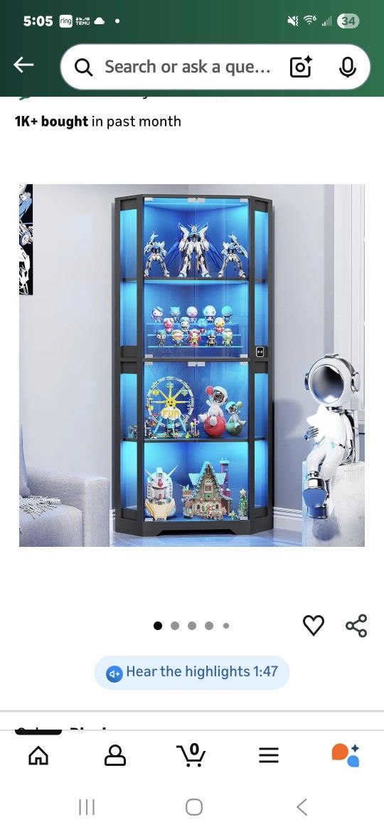 4 Tier Glass Show Case 65" Corner Display Cabinet with Glass Doors, Lighted Curio Cabinet Black