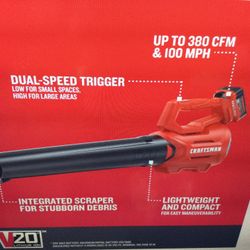 CRAFTSMAN V20 CORDLESS AXIAL LEAF BLOWER KIT, INCLUDES 4.0 AH BATTERY AND CHARGER, 100 MPH AND 380 CFM CLEARING POWER 2 SPEED 