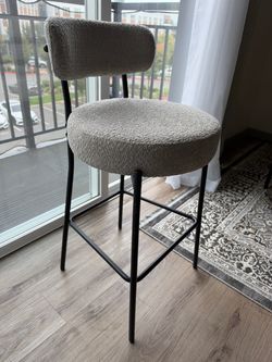 2 Gray Boucle Bar Stool with Black Metal Frame
