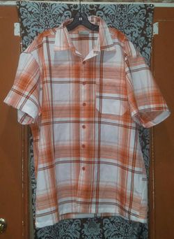 Orange & White Plaid short sleeve button up shirt( Size XL)