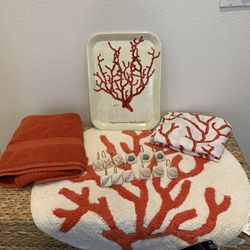 Target Ocean Coral Bathroom Rug Shower curtain w/hooks Towel & Decorative Tray Home Decor !