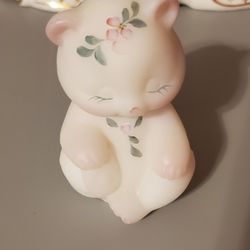 Hand Painted Fenton White Satin Glass Sitting Bear Figurine