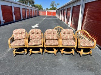 Set Of Six Lane Venture Vintage Rattan Dining Chairs With Rollers