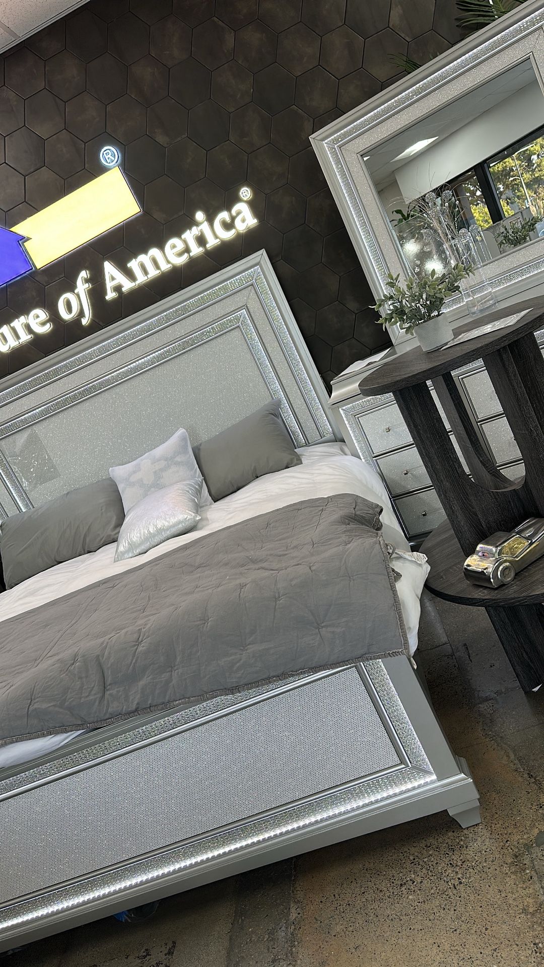 Queen $770 Eastern King $850 LED Lights Box Spring Needed Grey Silver Jeweled Trim 