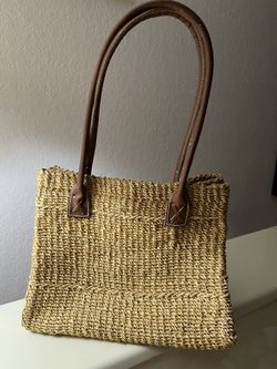Straw Tote Handbag Purse Leather Handles