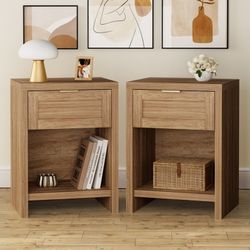 Nightstand with Drawers Farmhouse Bedside Table for Bedroom Natural Oak