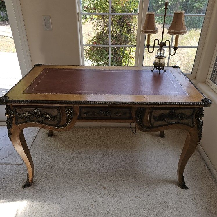 1800s Antique Louis XV French Rococo Desk / Shaped Boulle Bureau