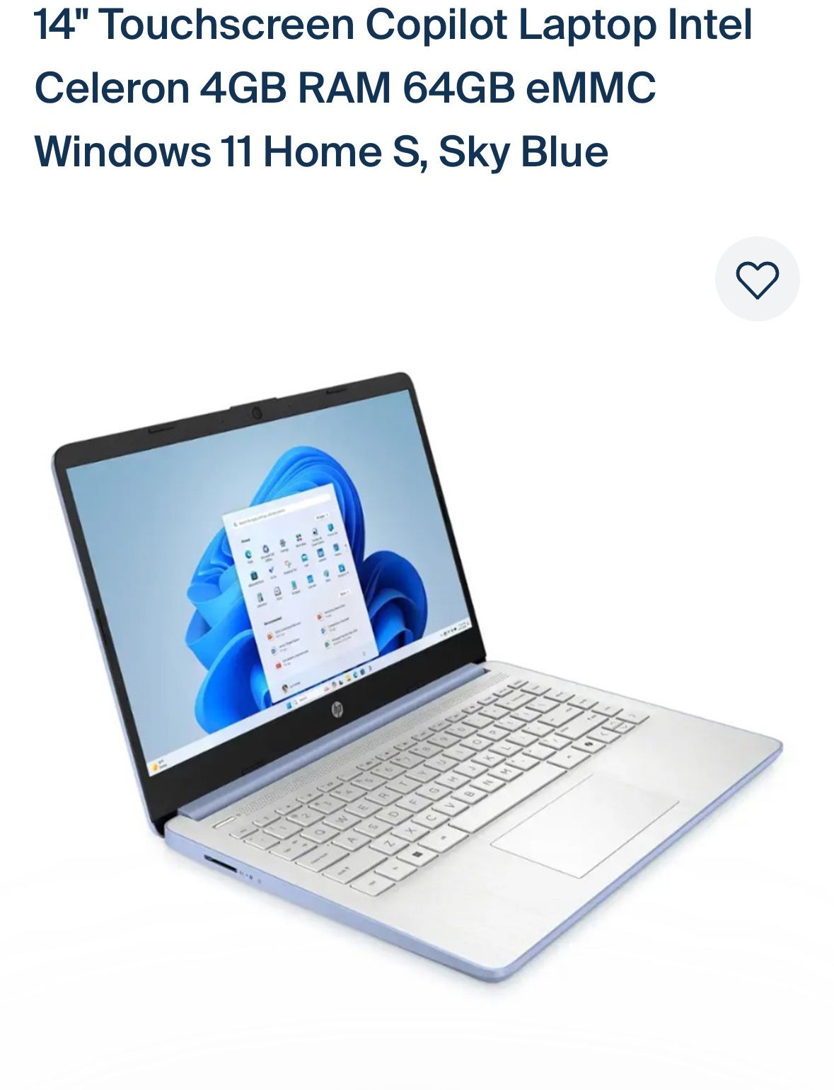 14" Touchscreen Copilot Laptop Intel Celeron 4GB RAM 64GB eMMC Windows 11 Home S, Sky Blue