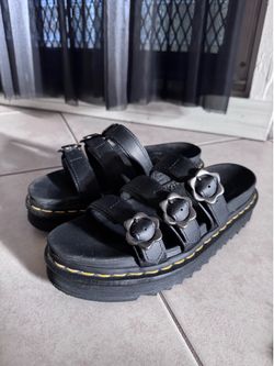 Black Dr. Martens Blaire Flower Buckle Hydro-Leather Slide Sandals - Size 8 US - Size 39 EURO