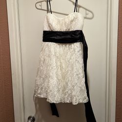 White Lace with Black Waist Tie Party Dress - Size Medium