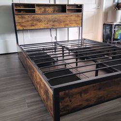 Industrial Rustic Queen Bed Frame w/ Storage Headboard – Heavy Duty Steel & Wood