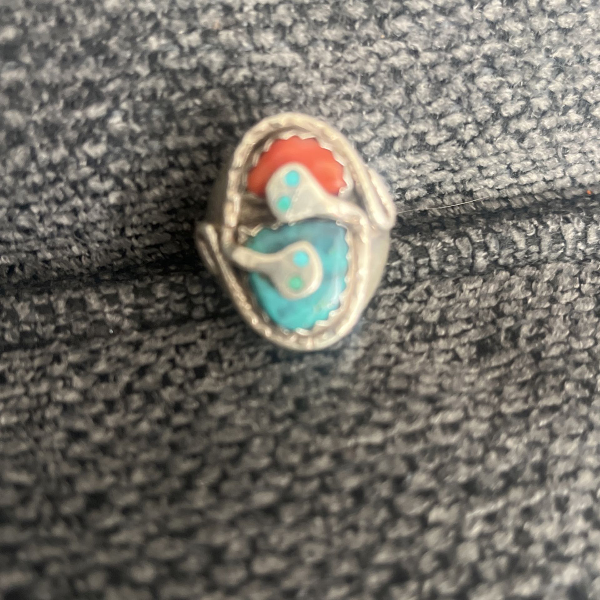 Sterling Silver SignedSnake Ring by Effie Calavaza Zuni with Turquoise and Coral